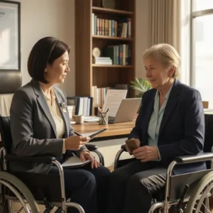 Compassionate disability attorney consulting with disabled client in wheelchair at modern law office
