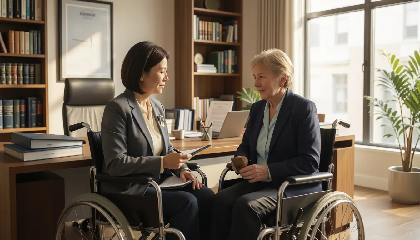 Compassionate disability attorney consulting with disabled client in wheelchair at modern law office
