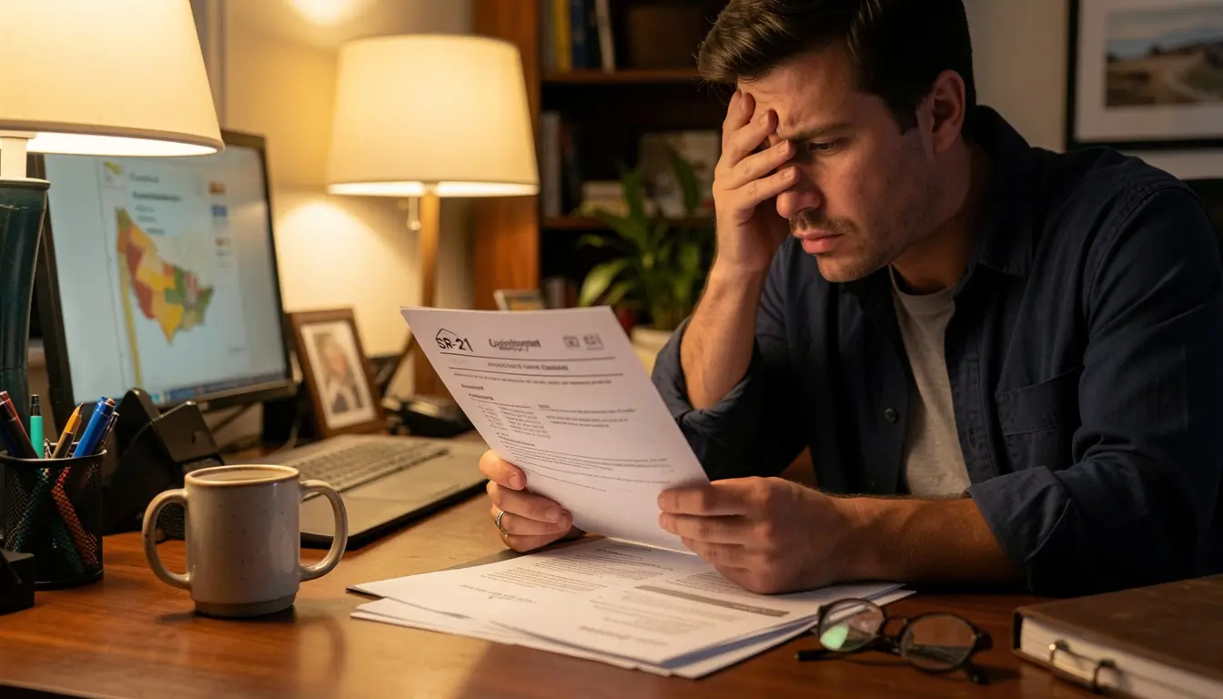 California driver reviewing SR-22 insurance documents at home desk after DUI