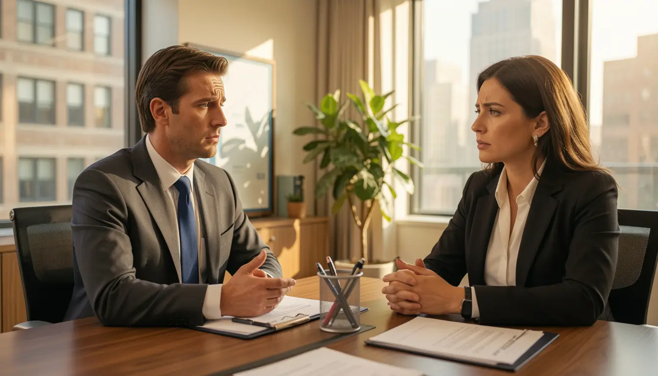 American taxpayer stressed by IRS debt getting help from tax relief professional in modern US office