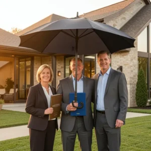 Professional American family standing confidently in front of modern home