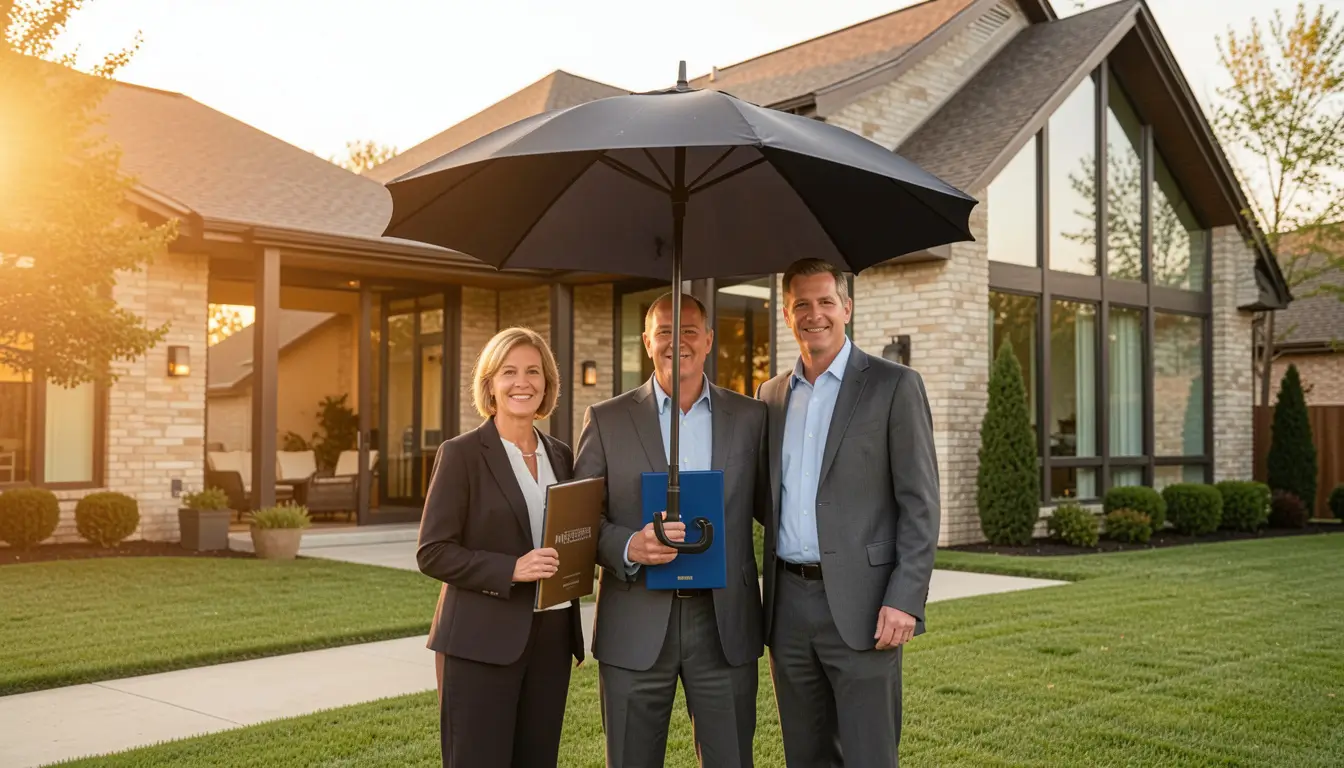 Professional American family standing confidently in front of modern home