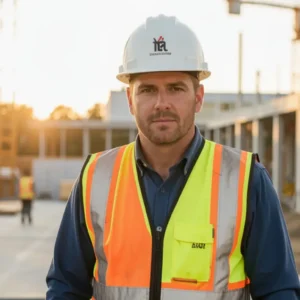 American construction worker with hard hat and safety vest at modern job site, workers compensation insurance protection concept