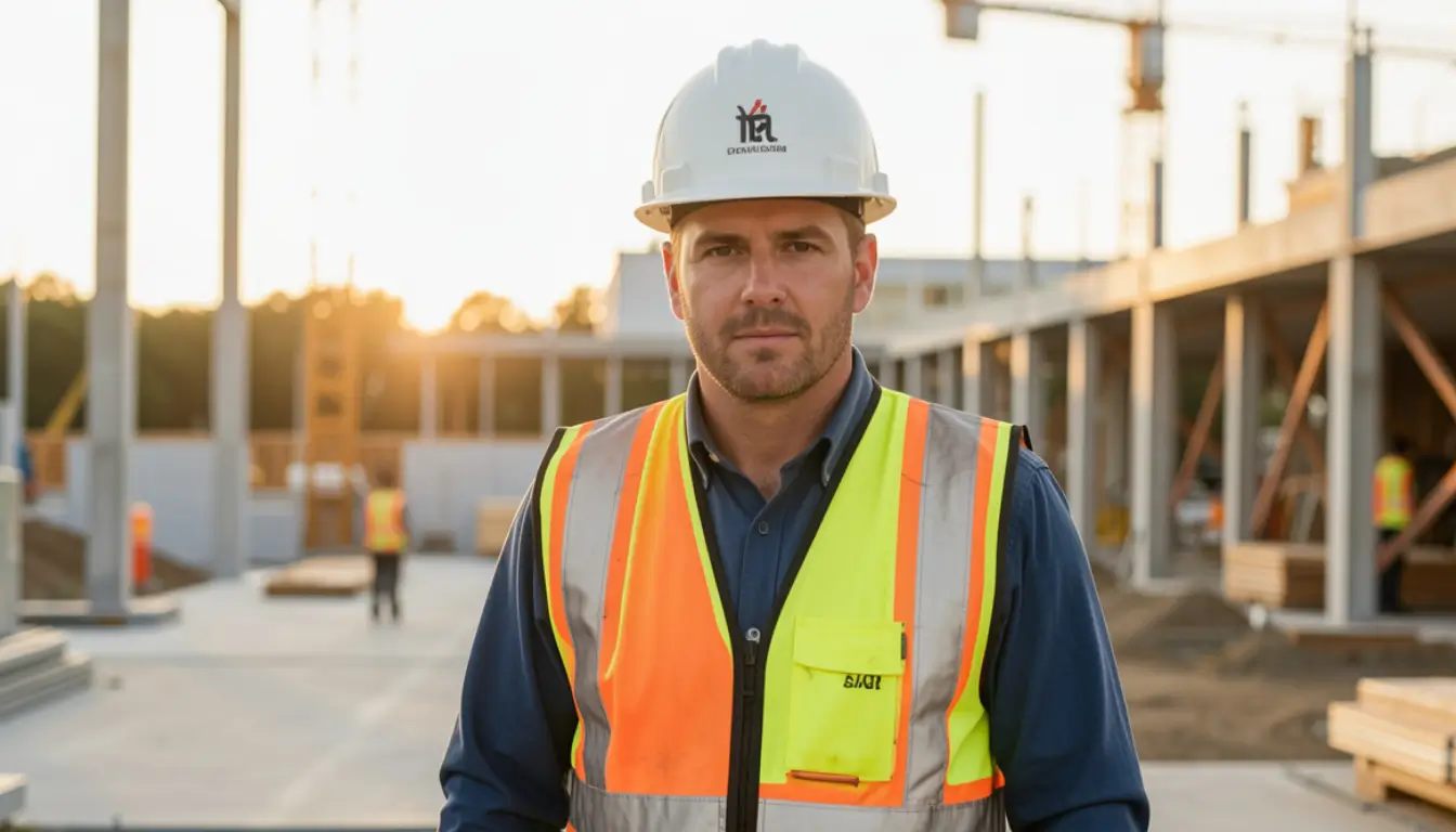 American construction worker with hard hat and safety vest at modern job site, workers compensation insurance protection concept