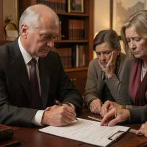 Compassionate attorney consulting grieving family in warm law office