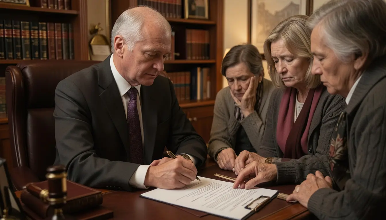 Compassionate attorney consulting grieving family in warm law office