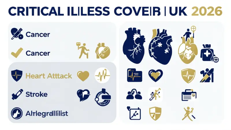 Critical illness cover UK 2026 — what conditions are covered infographic cancer heart attack stroke