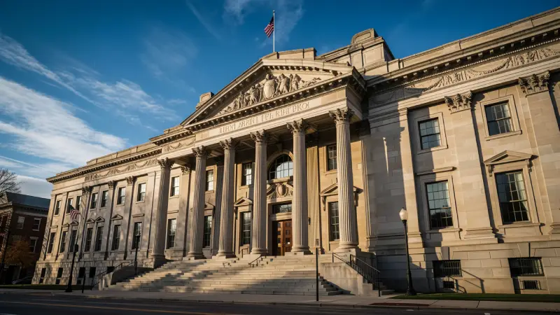 american courthouse exterior, stone columns, blue sky, dramatic lighting