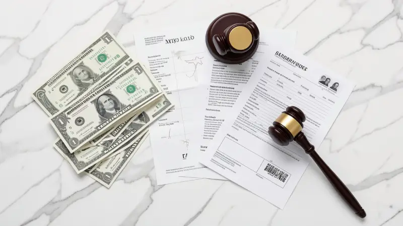 american dollar bills, medical documents and a gavel on a white marble desk