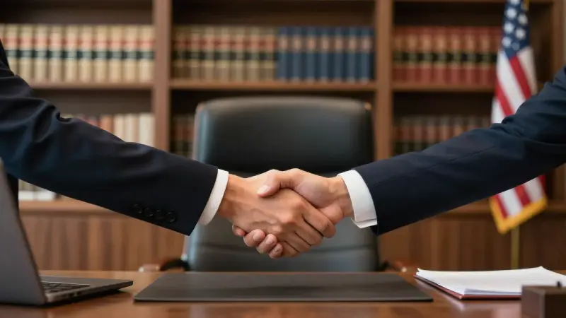 two people shaking hands across a desk in a modern law office