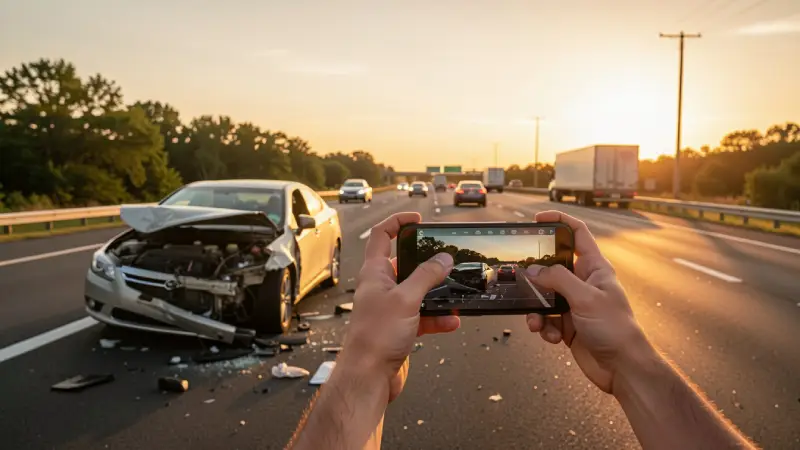 person using smartphone to photograph car accident damage on an american highway