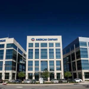 Three major American car insurance company offices side by side, corporate buildings USA, professional editorial photography