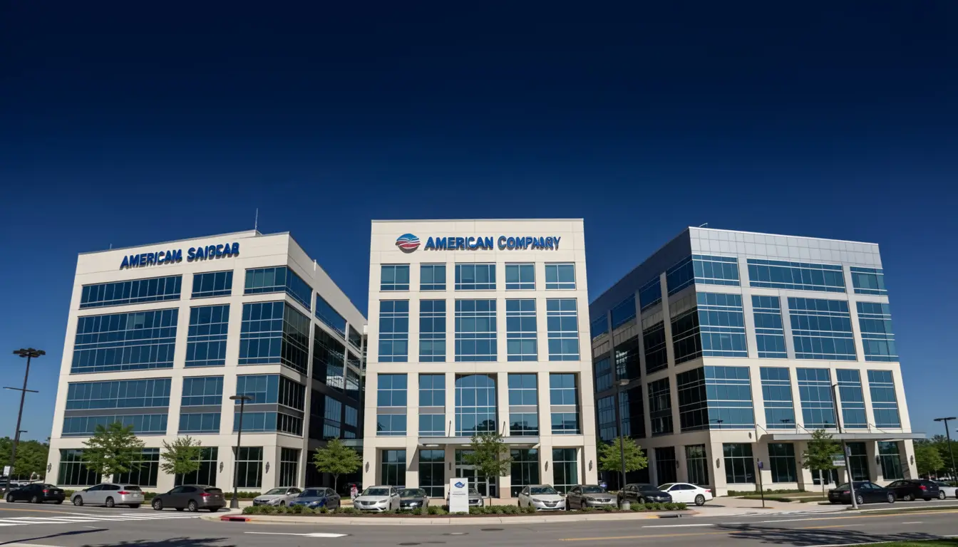 Three major American car insurance company offices side by side, corporate buildings USA, professional editorial photography