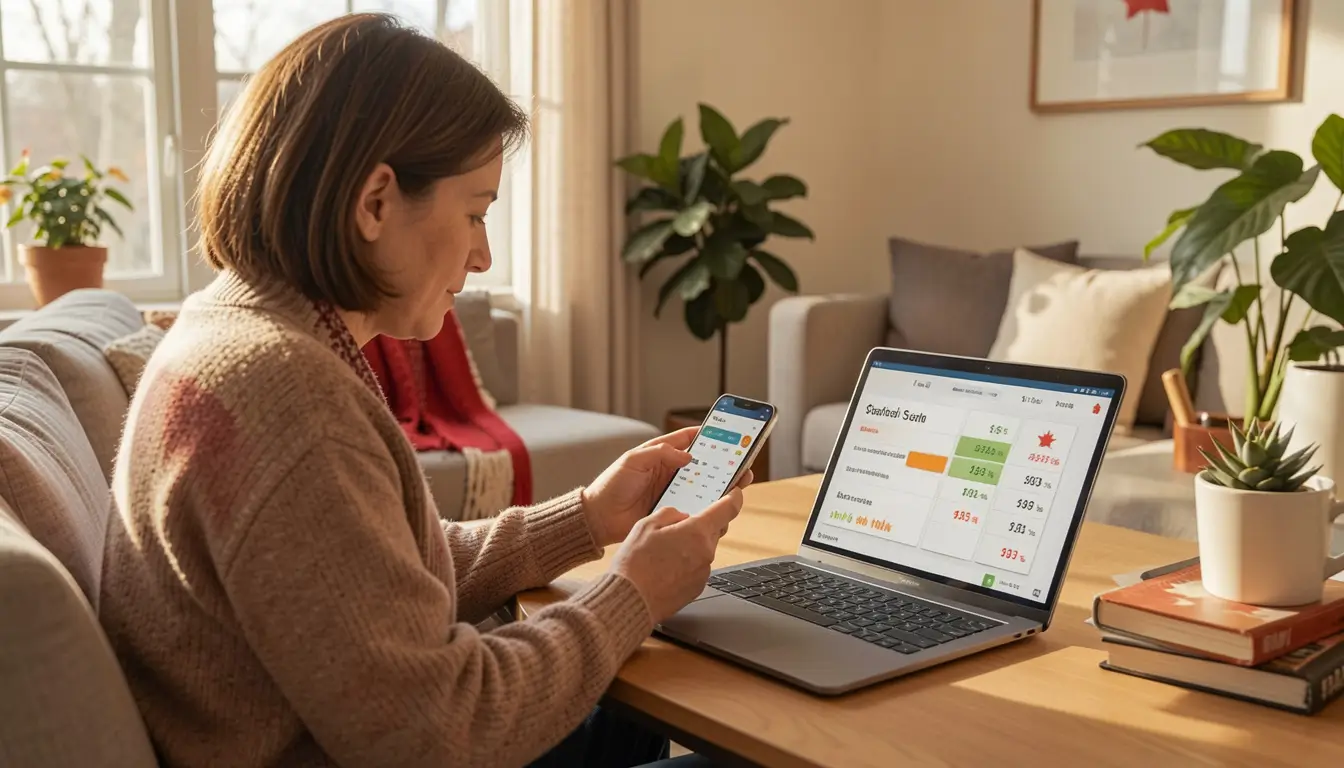 Canadian person checking savings account rates on phone and laptop at modern home