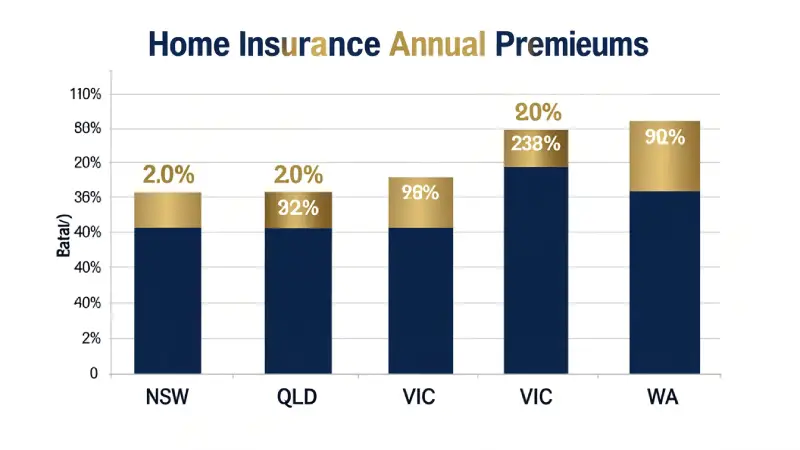 Home insurance annual premiums by Australian state 2026 — NSW QLD VIC WA bar chart