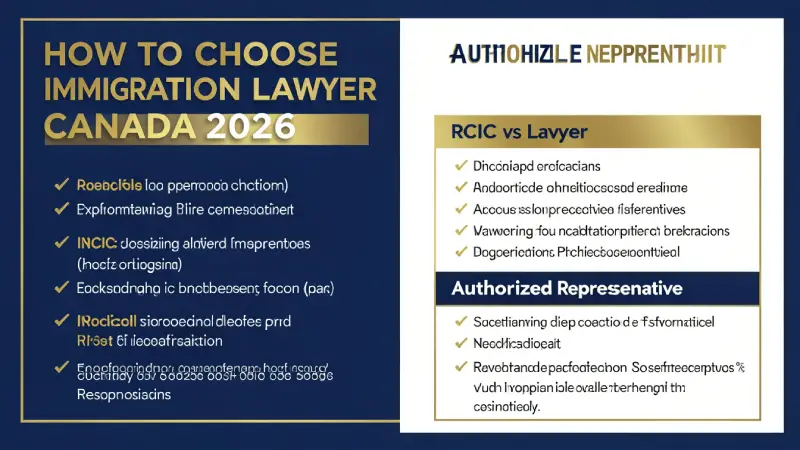 How to choose an immigration lawyer Canada 2026 — RCIC vs lawyer checklist infographic