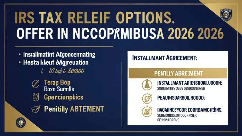 IRS tax relief options USA 2026 — offer in compromise, installment agreement, penalty abatement infographic
