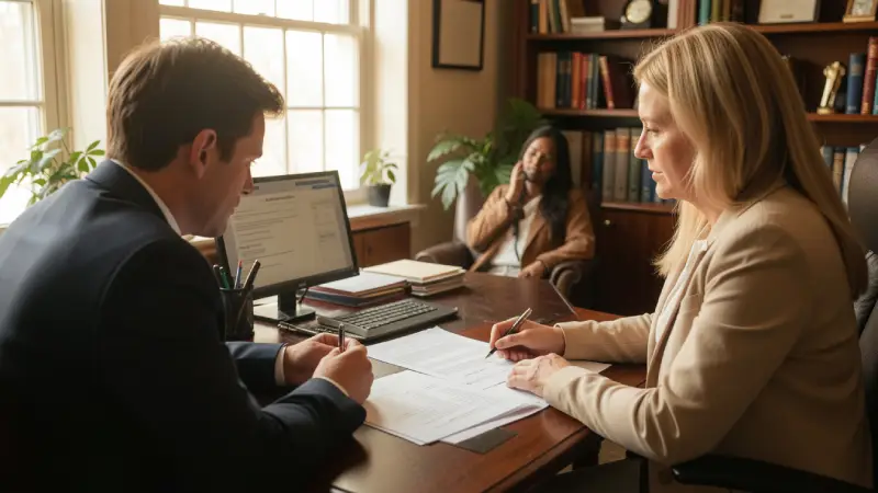 Social Security disability lawyer consultation USA 2026 — SSDI attorney reviewing medical records and claim documents with client