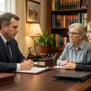 Mesothelioma attorney consulting patient and family in law office USA 2026