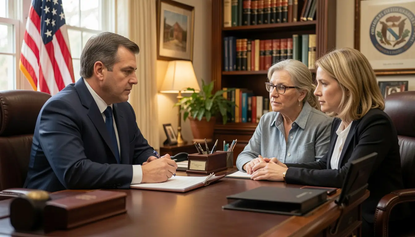 Mesothelioma attorney consulting patient and family in law office USA 2026