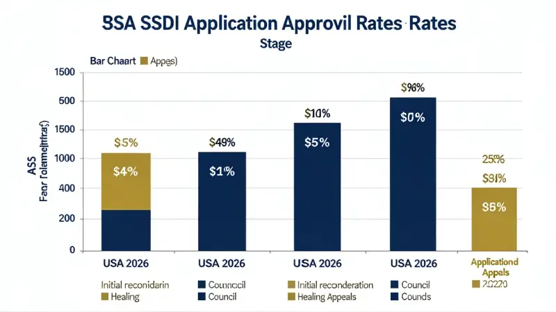 SSDI application approval rates by stage USA 2026 — initial 33% reconsideration 13% ALJ hearing 55% with attorney
