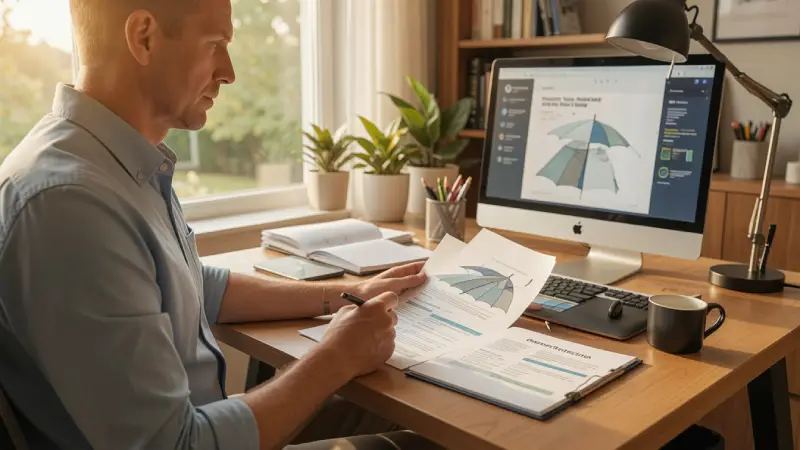 Umbrella insurance policy checklist USA 2026 — homeowner reviewing coverage requirements before purchasing personal umbrella policy