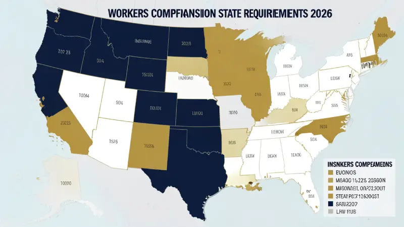 Workers compensation insurance state requirements USA 2026 — mandatory coverage map California New York Florida Texas