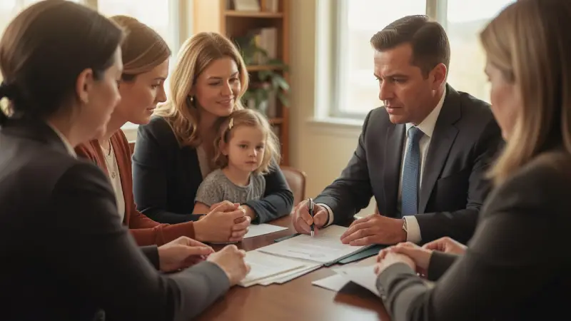 How to choose a wrongful death lawyer USA 2026 — family meeting with attorney reviewing legal documents