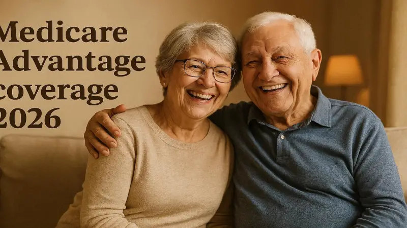 Senior couple happy reviewing Medicare Advantage coverage 2026 warm editorial