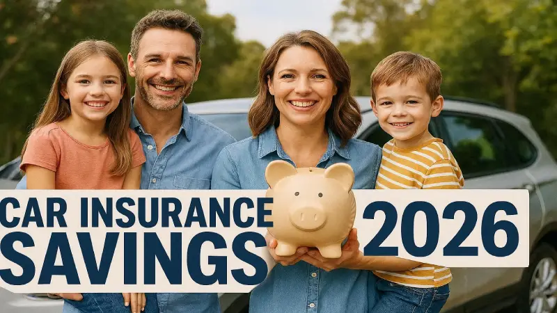 Happy Australian family reviewing car insurance savings policy 2026 warm editorial