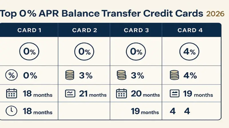 Best 0% APR balance transfer credit cards 2026 — top cards comparison no interest