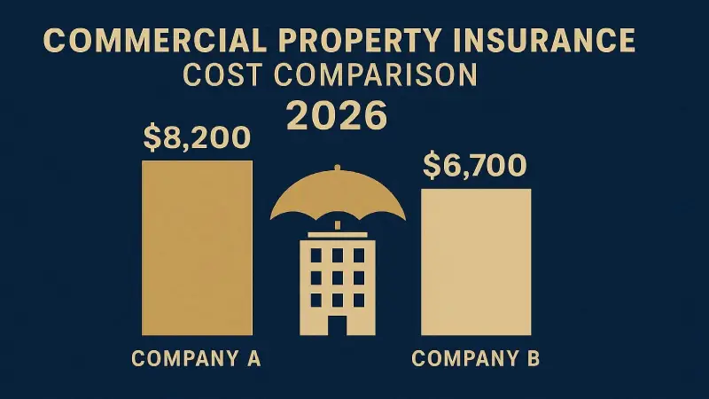 Commercial property insurance cost comparison infographic 2026 Chubb AIG Travelers Hartford navy blue gold