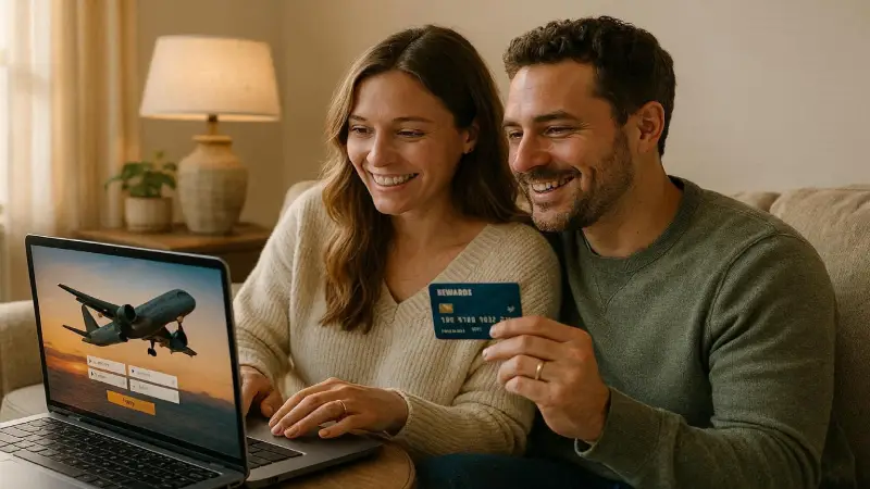 American couple booking travel with premium rewards credit card 2026 editorial warm