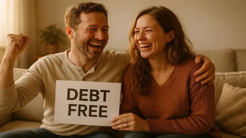 Happy American couple debt-free after balance transfer 2026 warm editorial