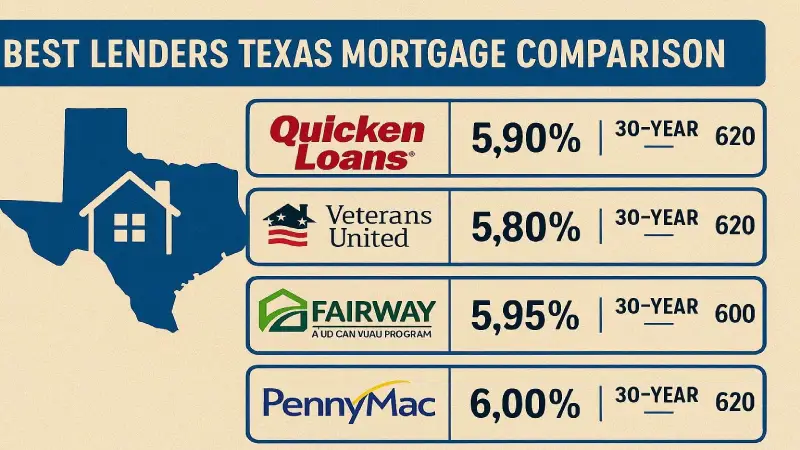 Best mortgage lenders Texas comparison infographic 2026