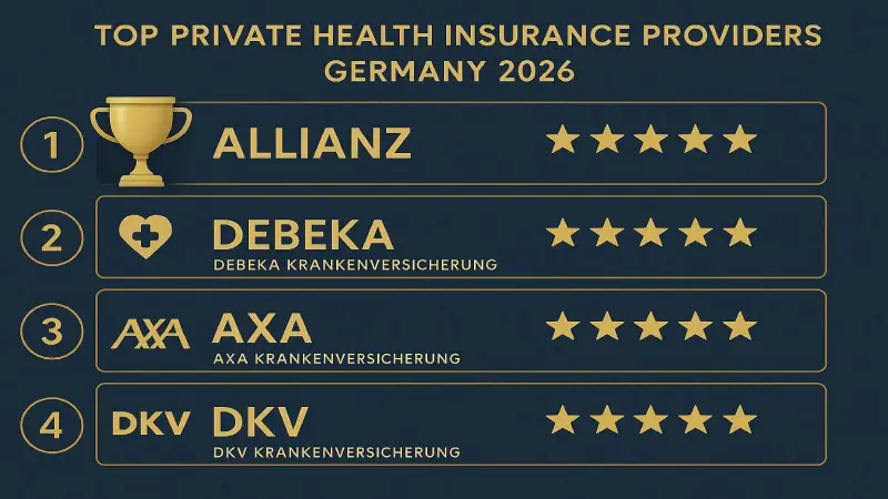 PKV Anbieter Vergleich Rangliste 2026 Deutschland infographic navy blue gold