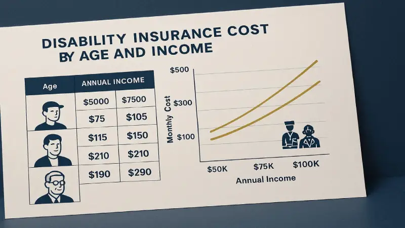 Disability insurance cost by age and income infographic 2026 professional navy blue