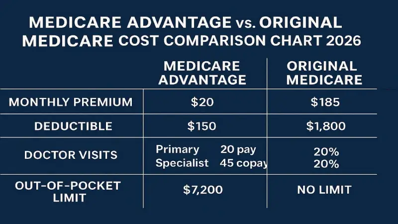 Medicare Advantage providers comparison infographic 2026 UnitedHealthcare Humana Aetna BCBS navy blue gold