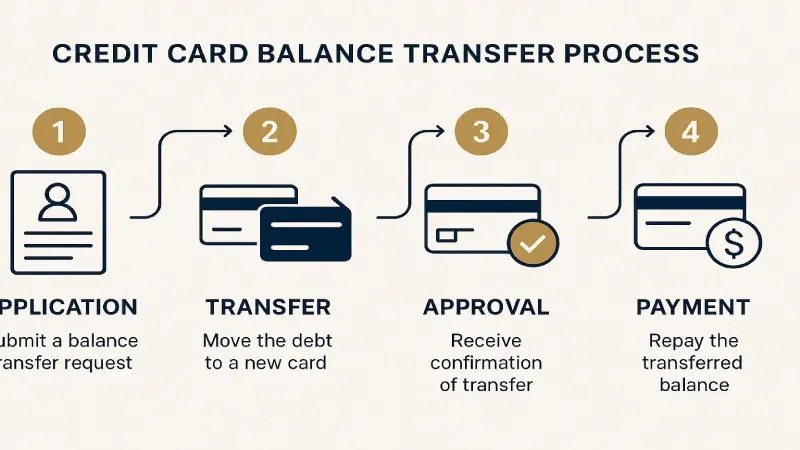 Credit card balance transfer process step by step 2026 infographic navy blue