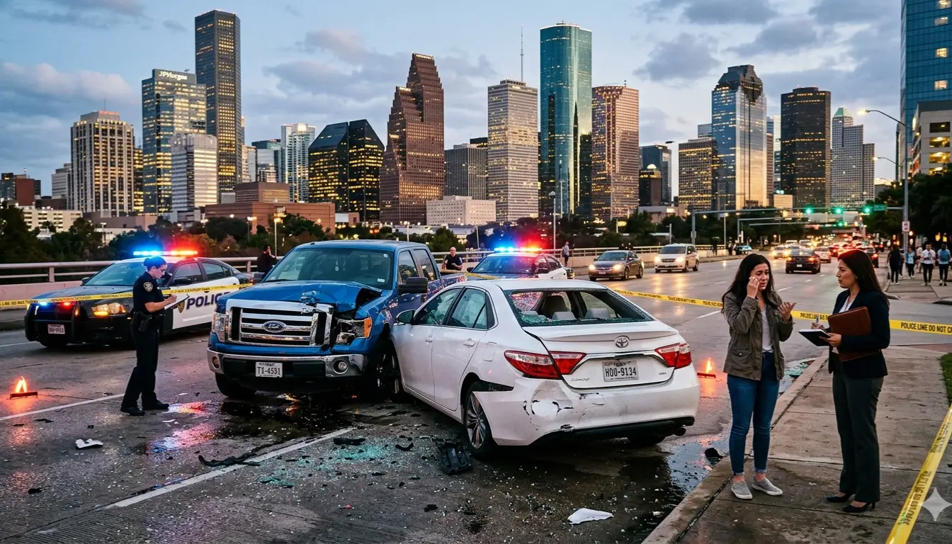 A car accident scene in Houston with damaged vehicles, a lawyer consulting a client nearby