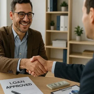 entrepreneur receiving loan approval office