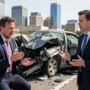 A stressed car accident victim standing next to a damaged car in Texas, talking to a professional lawyer in a suit