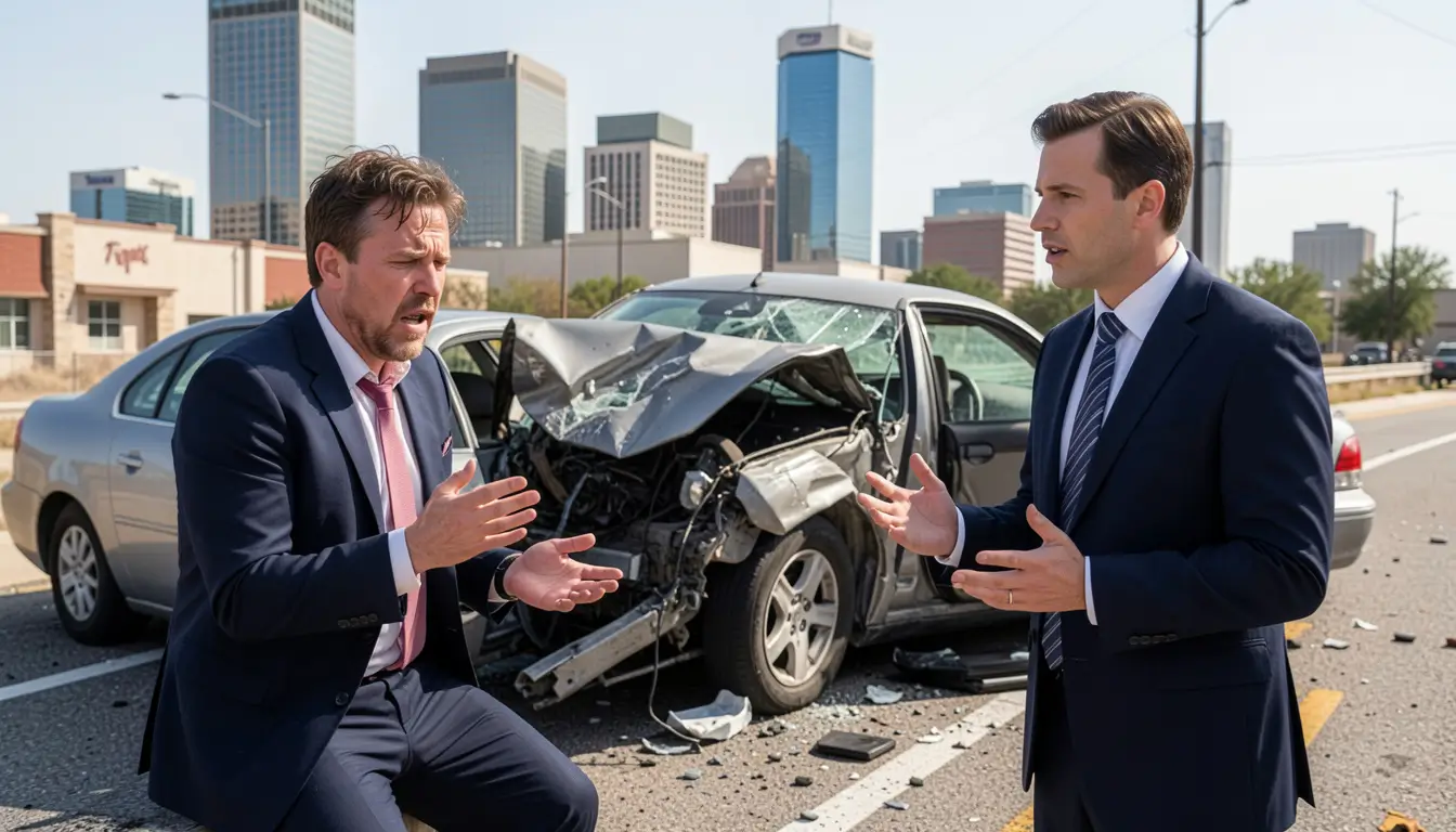 A stressed car accident victim standing next to a damaged car in Texas, talking to a professional lawyer in a suit