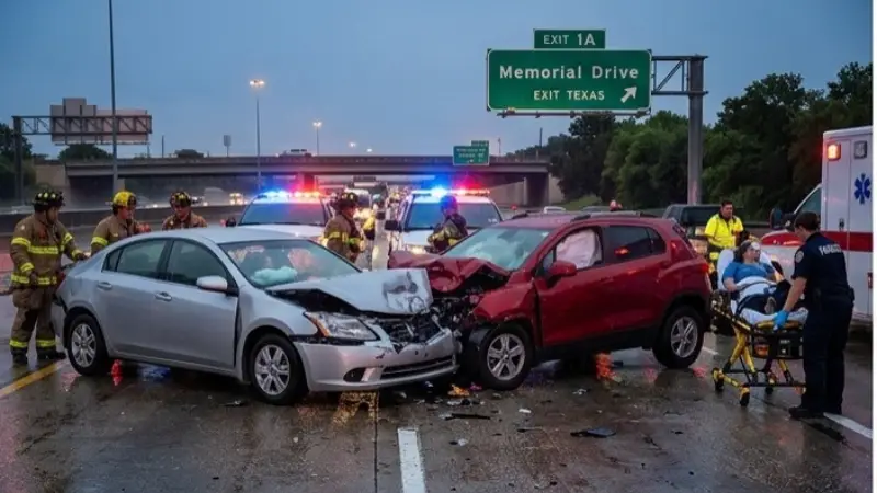 Car crash scene on Houston highway with emergency services 2026 — personal injury accident