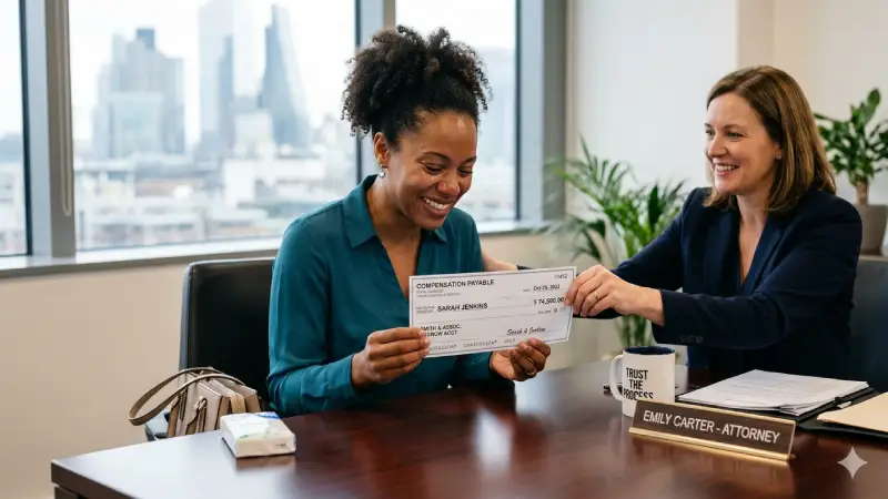 Client receiving compensation check from personal injury settlement Houston 2026