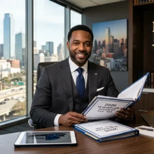 Confident Dallas truck accident attorney in modern law office with 18-wheeler accident file 2026