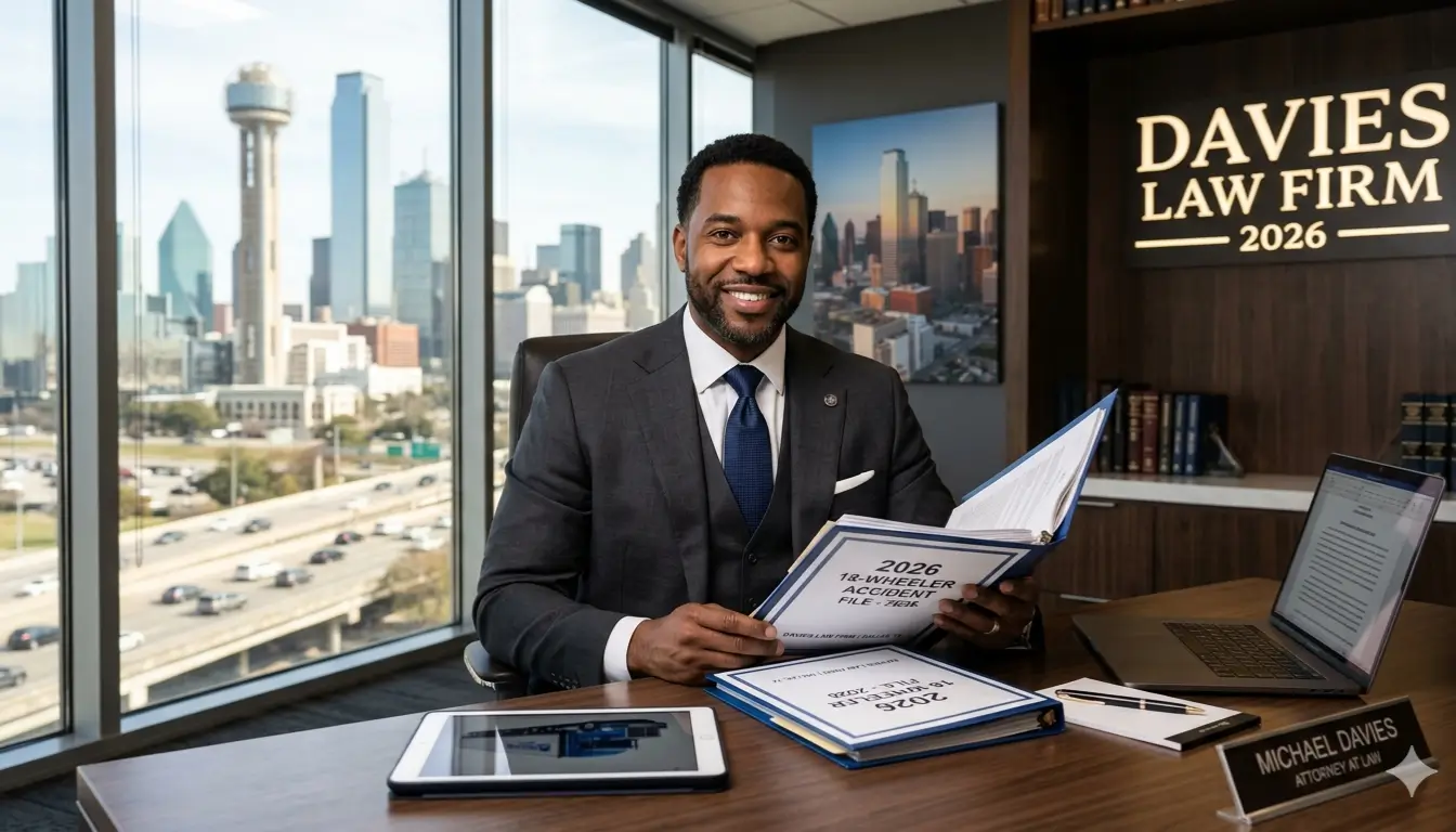 Confident Dallas truck accident attorney in modern law office with 18-wheeler accident file 2026