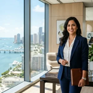 Confident personal injury attorney in Miami law office with Biscayne Bay view 2026