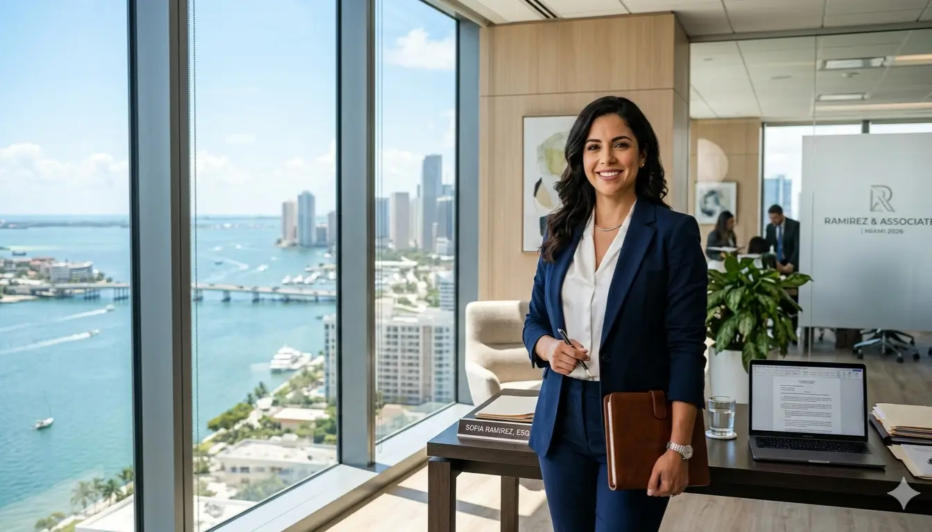 Confident personal injury attorney in Miami law office with Biscayne Bay view 2026