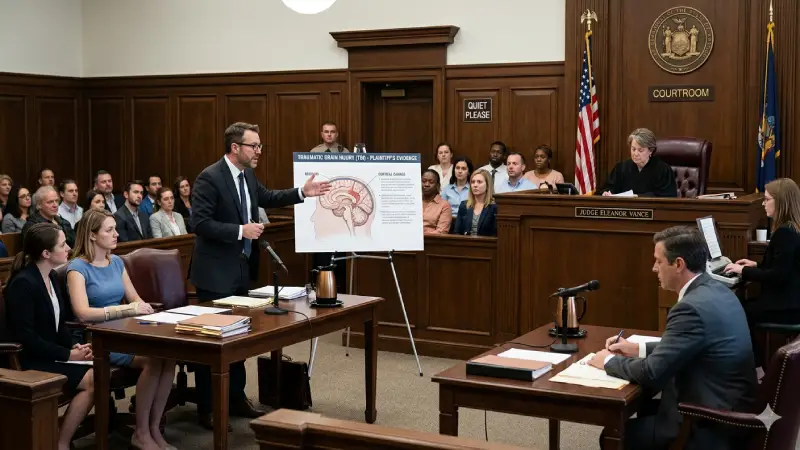 Courtroom scene with judge and lawyers — Houston personal injury trial 2026